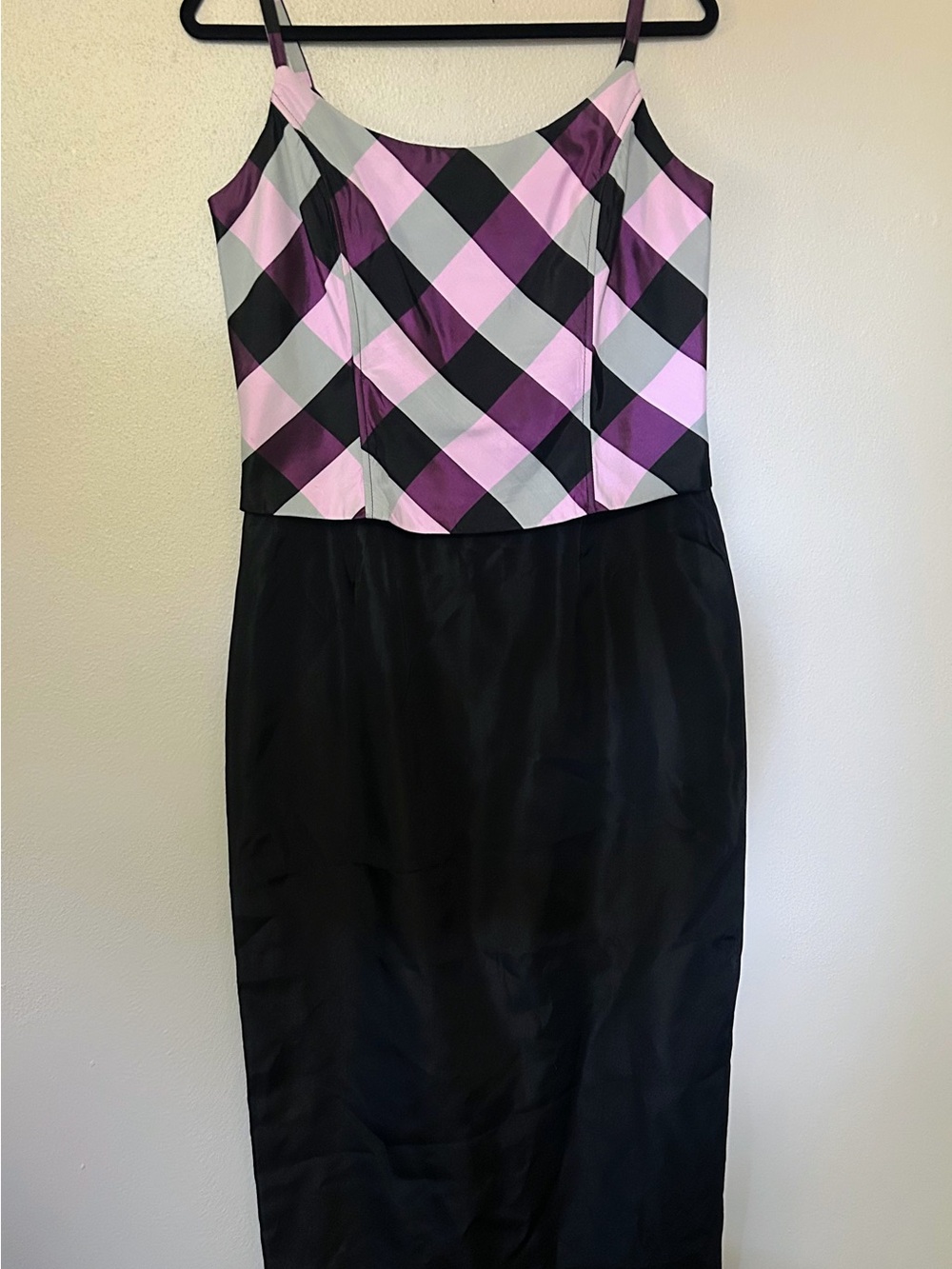 Vintage Millennium 2000 Y2K Formal Prom Black Midi Dress with Plaid Bodice
